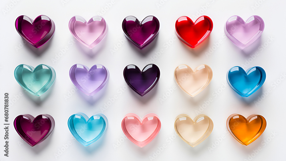Bright glass multi-colored hearts on a white background. View from above. Flat layout.