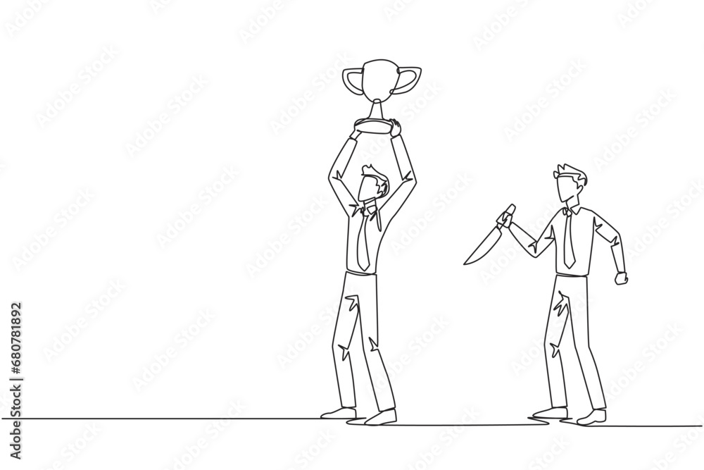 Continuous one line drawing businessman standing lifting trophy. Business friends prepare to stab in the back. Unhealthy business competition. The traitor. Single line draw design vector illustration