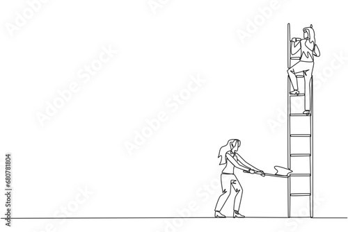 Single continuous line drawing businesswoman climbs ladder to achieve the expected reward. Destroyed silently. Business failed to develop. Destroyed by traitors. One line design vector illustration