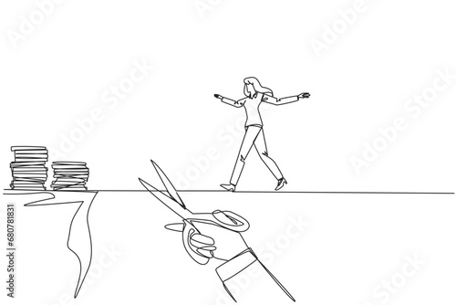 Continuous one line drawing businesswoman walking on tightrope from one cliff to another. Failed to move to much better place. Cheated by business friend. Single line draw design vector illustration