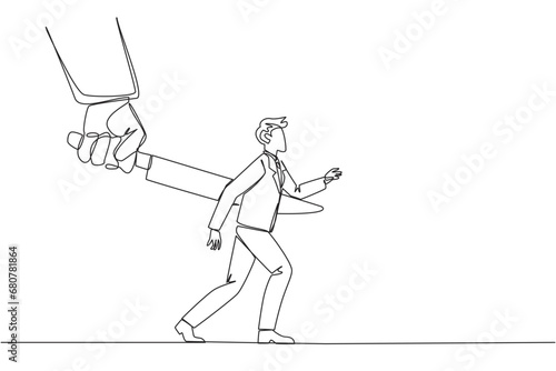 Single continuous line drawing businessman stabbed in the back by a large knife. Cheated to ruin by a business partner. An enemy disguised as a friend. The traitor. One line design vector illustration