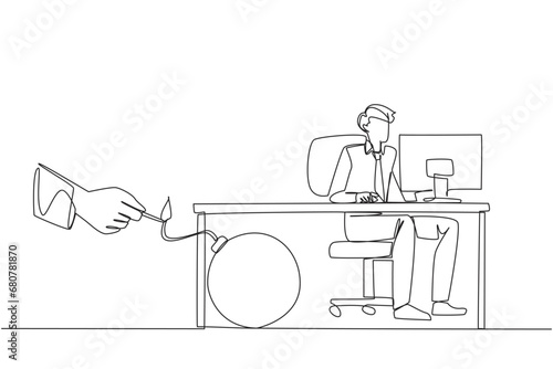 Single continuous line drawing businessman typing at a computer desk. Trapped by business partner. A bomb that could explode at any time. Betrayed by a colleague. One line design vector illustration