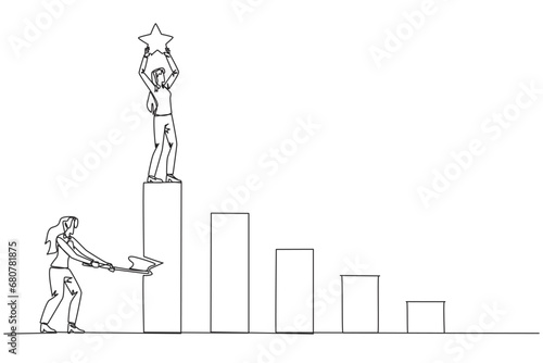 Continuous one line drawing businesswoman achieves the highest honors. Hypocrite who doesn't like business partner's happiness. Thorn in the flesh. Traitor. Single line draw design vector illustration