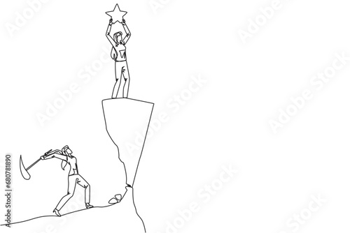 Single continuous line drawing businesswoman standing on a cliff lifting a star. Envious friend, eating away at success from the inside to fall down. The traitor. One line design vector illustration