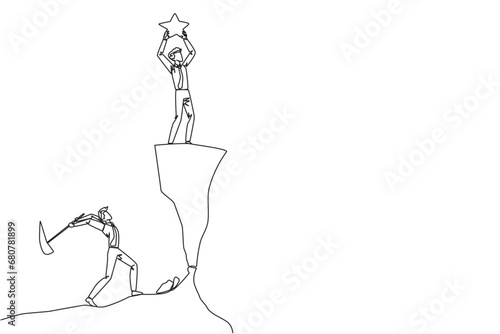 Single one line drawing businessman standing on a cliff lifting a star. An envious friend, eating away at success from the inside to fall down. The traitor. Continuous line design graphic illustration