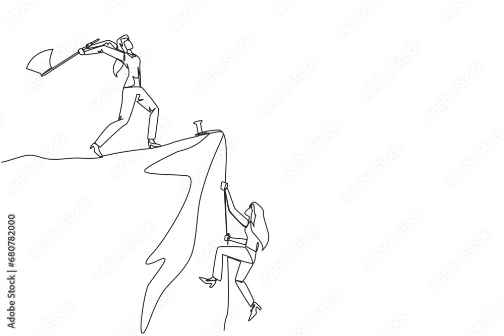 Single continuous line drawing businesswoman climbs a cliff with the rope. Almost successful. Rudely dropped by a business friend. Fake partner. The worst teamwork. One line design vector illustration