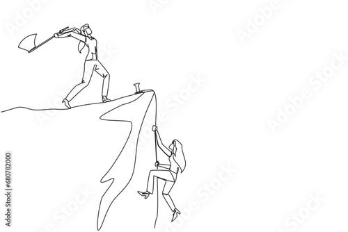 Single continuous line drawing businesswoman climbs a cliff with the rope. Almost successful. Rudely dropped by a business friend. Fake partner. The worst teamwork. One line design vector illustration