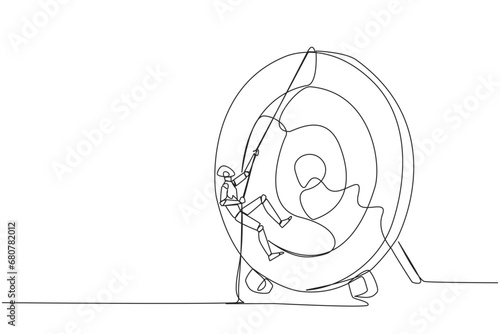 Continuous one line drawing the robot climbs arrow board target with rope. Struggle very persistently to achieve the best. Smart work that produces results. Single line draw design vector illustration