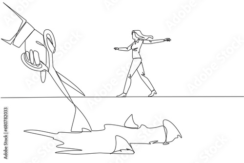 Single one line drawing businesswoman walking across on tightrope. A metaphor pursuing a career. Ruined by the traitor. Fake friend. Business sabotaged. Continuous line design graphic illustration