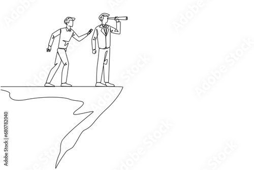 Continuous one line drawing businessman monitoring something at the edge of cliff using binocular. Monitoring business. Taken down by traitor from behind. Single line draw design vector illustration