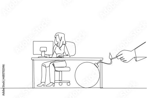 Single one line drawing businesswoman typing at computer desk. Trapped by business partner. A bomb that could explode at any time. Betrayed by a colleague. Continuous line design graphic illustration