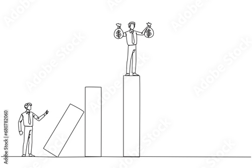 Continuous one line drawing businessman standing on the bar lifting money bag. Fake partner. The envy friend. Sabotage happiness. The traitor on office. Single line draw design vector illustration