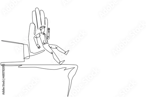 Single continuous line drawing businessman standing on the edge of a cliff. Something big wants to bring down the business. Invisible enemy. Bring down competitor. One line design vector illustration
