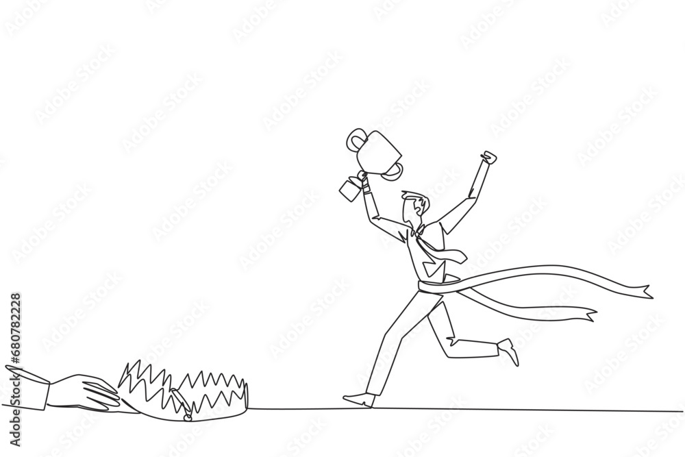 Fototapeta premium Single one line drawing businessman running with trophy. A dangerous business trap. A trap that really brings down a business. Fake friend. Traitor. Rival. Continuous line design graphic illustration