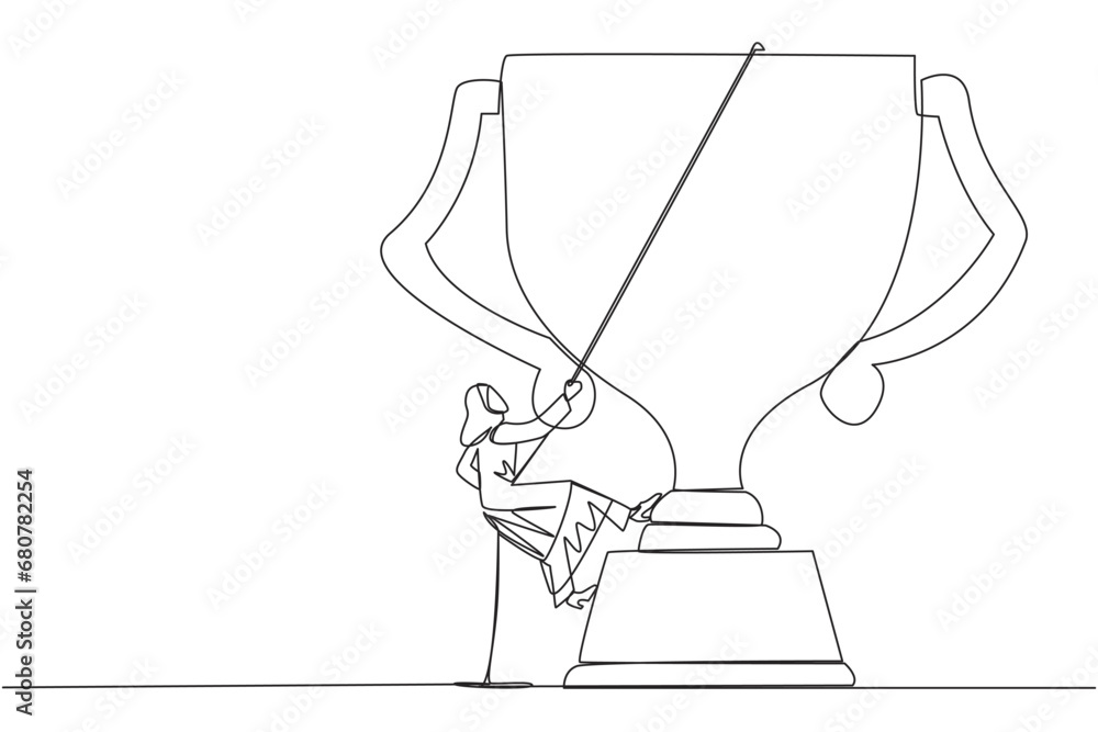 Continuous one line drawing Arabian businessman climbs trophy with rope. Expanding branding by winning many awards. Connecting relationship. Mutual benefit. Single line draw design vector illustration Continuous one line drawing Arabian businessman climbs trophy with rope. Expanding branding by winning many awards. Connecting relationship. Mutual benefit. Single line draw design vector illustration