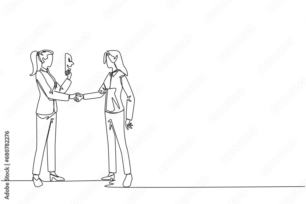 Single one line drawing two businesswomen shaking hands. One of them has two faces. Full of falsehood. Fake friend. Worst teamwork. Business betrayal. Continuous line design graphic illustration