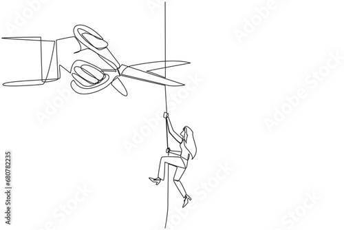 Single continuous line drawing businesswoman climbing rope. Metaphor of struggling to advance business. Business failed to develop. Sabotaged by business friends. One line design vector illustration