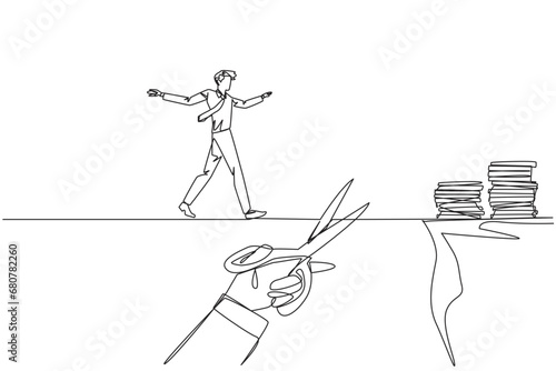 Continuous one line drawing businessman walking on tightrope from one cliff to another. Failed to move to much better place. Cheated by business friend. Single line draw design vector illustration