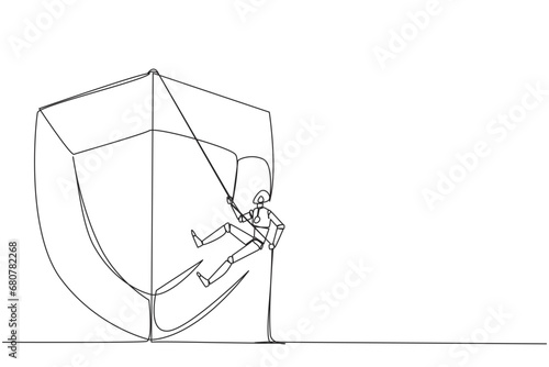 Single one line drawing smart robot climbs shield with rope. Working to help clients secure servers from virus attacks. Check each layer. Smart work hard. Continuous line design graphic illustration