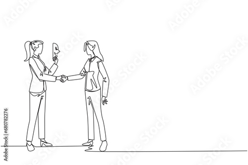 Single one line drawing two businesswomen shaking hands. One of them has two faces. Full of falsehood. Fake friend. Worst teamwork. Business betrayal. Continuous line design graphic illustration