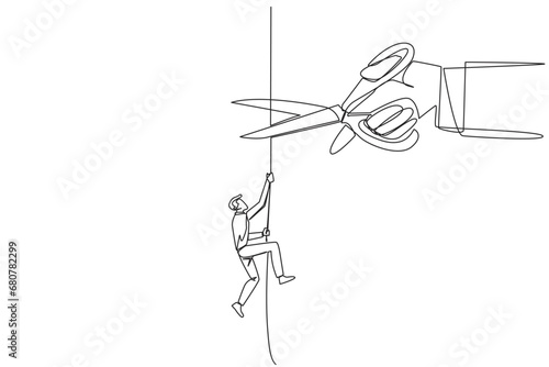 Single continuous line drawing businessman climbing rope. Metaphor of struggling to advance business. Business failed to develop. Sabotaged by business friends. One line design vector illustration photo