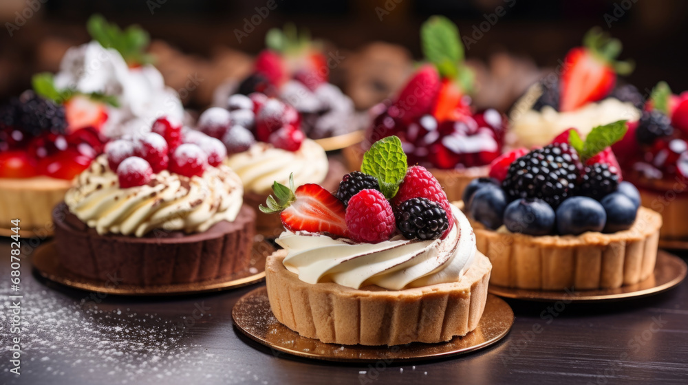 Various, birthday and lemon meringue tarts with colourful toppings for celebration, party or event. Sweet, delicious and tasty pastries with sprinkles and fruit for food photography on a black backgr