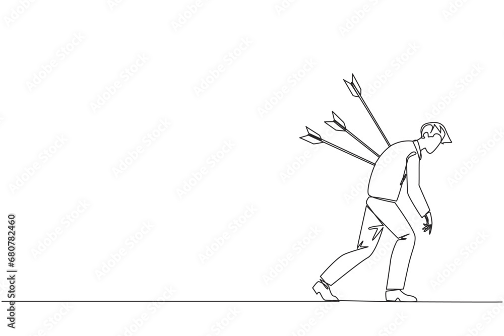 Continuous one line drawing businessman standing and several arrows stuck in the back. Attacked from behind. Destroyed and helpless. Fake partner. Traitor. Single line draw design vector illustration