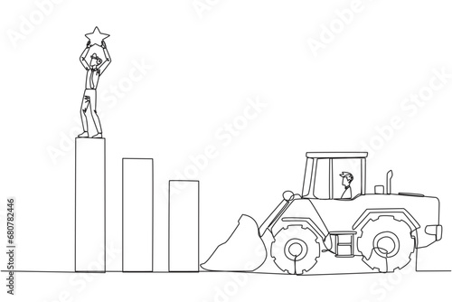 Single one line drawing businessman standing on the highest bar raising a star. Bulldozer ready to destroy the happiness. Betrayal. Fake friends. Traitor. Continuous line design graphic illustration