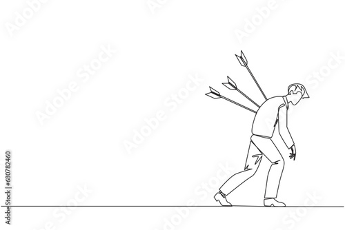 Continuous one line drawing businessman standing and several arrows stuck in the back. Attacked from behind. Destroyed and helpless. Fake partner. Traitor. Single line draw design vector illustration