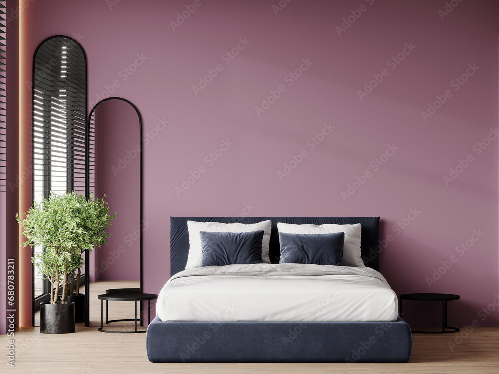 Premium mauve pink lilac and blue bedroom hotel room or home with a big bed. Dark navy bedding. Empty background for art or wallpaper, picture. Painted background wall. Decorative mirrors. 3d render  - obrazy, fototapety, plakaty 