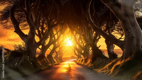 The Dark Hedges in Northern Ireland at sunset seamless looping 4K time-lapse virtual video animation background photo