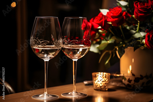 Two romantic glasses of wine with red roses in the background. High quality photo. Wallpaper.