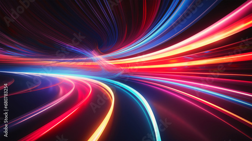 abstract colorful high-speed light trails background, motion effect, neon fastest glowing light, empty space scene, cyber futuristic sci-fi background