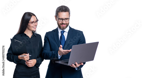 Business success. businesspeople isolated on white. freelancer working online. boss and employee has online. businesspeople in formalwear with laptop in office. Remote online working. Run a company