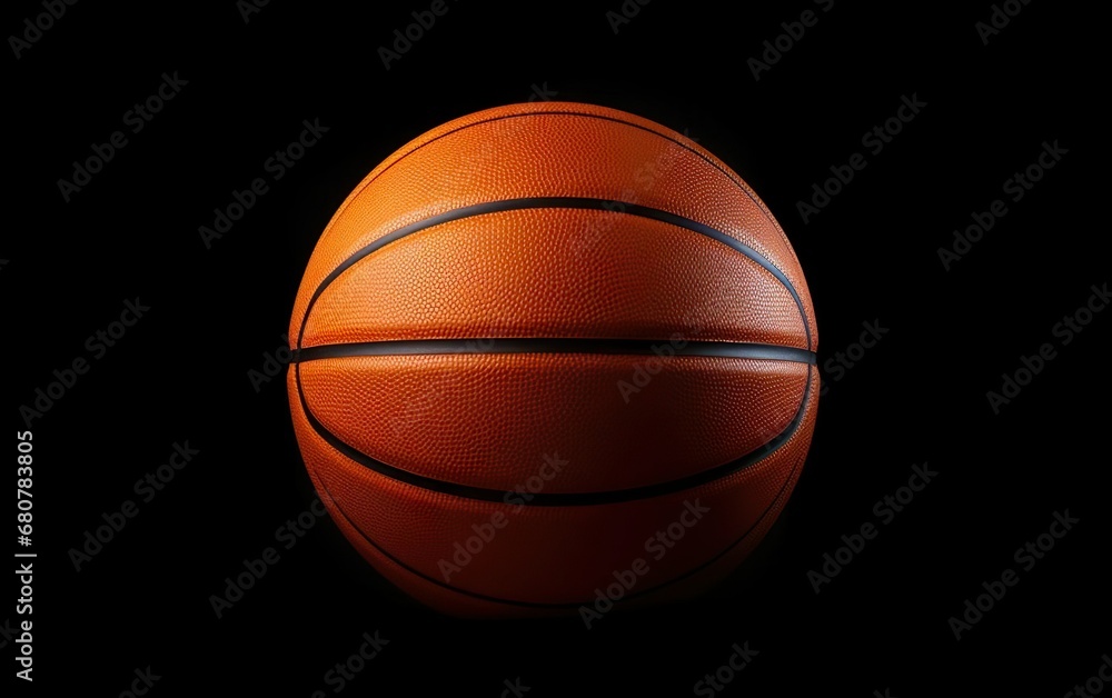 Photorealistic orange basketball ball icon in the center faded on black background. March madness poster design. Minimalistic banner, side view team sport equipment. Open bright colors. AI Generative.