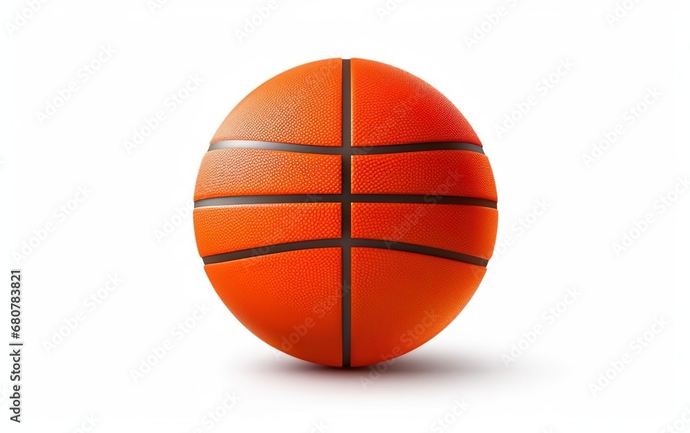 Photorealistic orange basketball ball icon, cast shadow isolated on white background. March madness poster design. Minimalistic banner, front view sport equipment. Open bright colors. AI Generative.