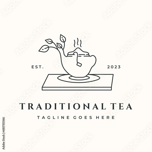 traditional tea line art logo vector minimalist illustration design, health tea on teapot symbol design