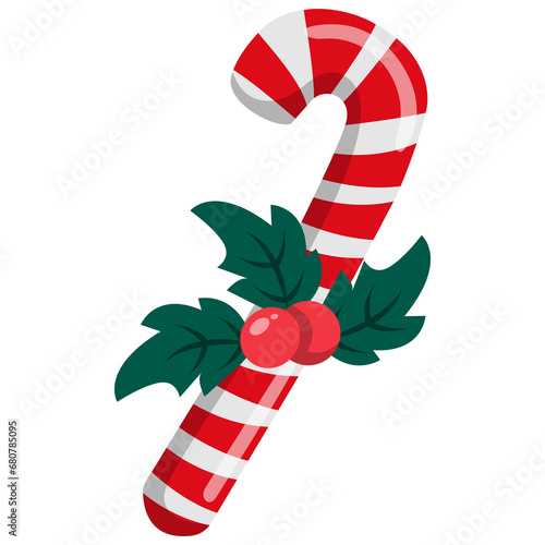 Christmas Candy Cane with Holly Berries Illustration