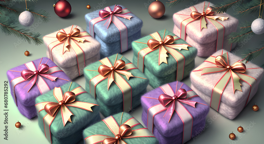 Christmas gift boxes with bows and ribbons 3d render. Christmas gift boxes with bows and ribbons 3d render.