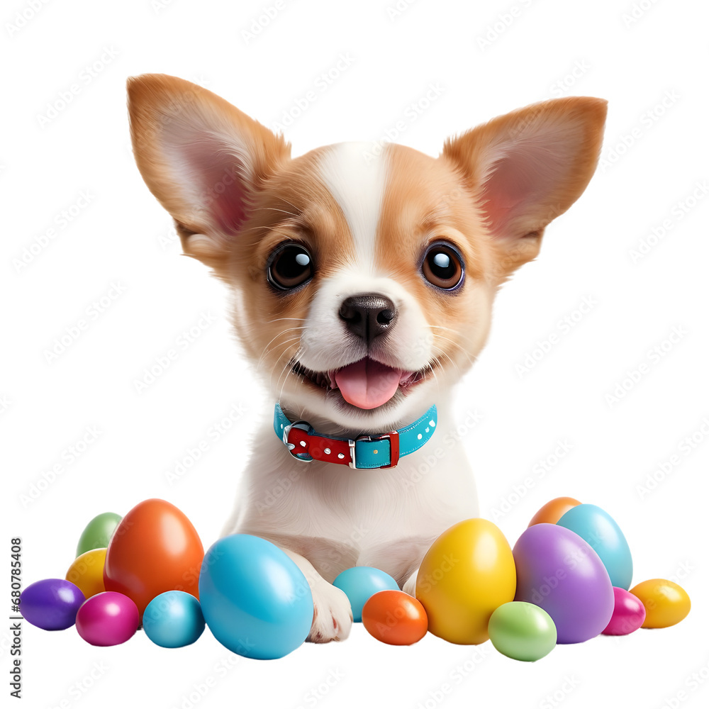 Obraz premium Adorable Puppy with Festive Easter Eggs, Pet Animal with Playful Expression Seated with Seasonal Decor, High-Resolution Image Suitable for Holiday Themes and Pet Care Promotions