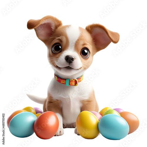 Adorable Puppy with Festive Easter Eggs, Pet Animal with Playful Expression Seated with Seasonal Decor, High-Resolution Image Suitable for Holiday Themes and Pet Care Promotions