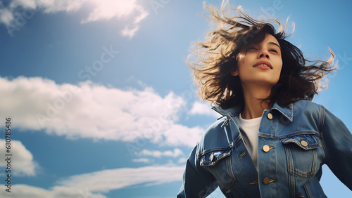 Happy and beautiful young caucasion woman wearing denim jacket enjoys sunny summer day smiling with flying hair, sunshine, blue skies, white clouds, low angle shot, copy space, 16:9  photo