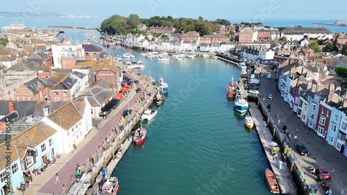 Weymouth Harbour Dorset UK drone,aerial  4K footage fishing boats moored photo