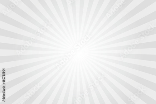 Gray background with white sun ray. Pattern of starburst. Abstract texture with light of sunburst. Radial beam of sunlight. Retro background with flash. Design of sunbeams. Vector. photo