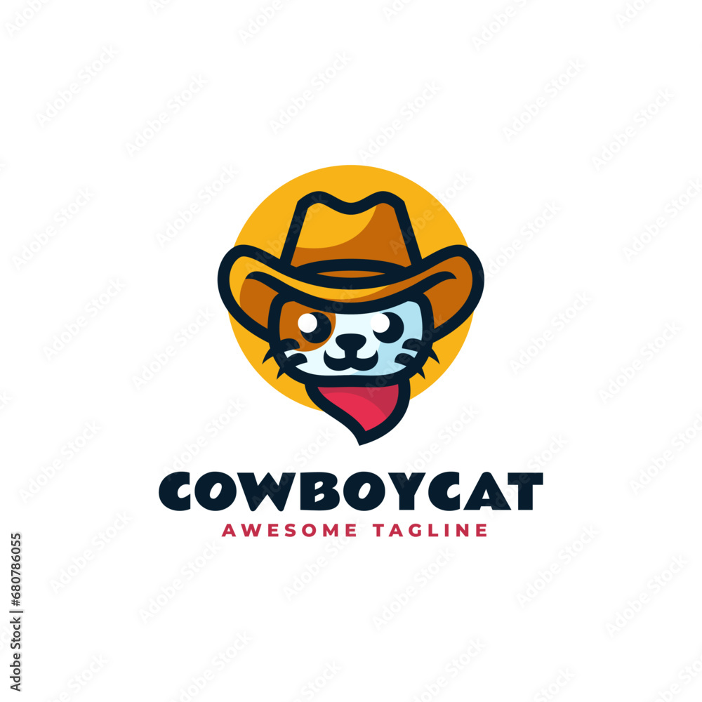 Vector Logo Illustration Cowboy Cat Mascot Cartoon Style.