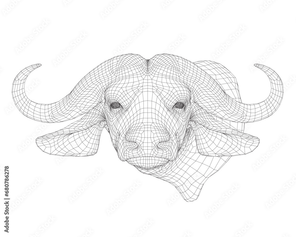 Fototapeta premium Buffalo head frame with big horns made of black lines isolated on white background. Front view. 3D. Vector illustration.