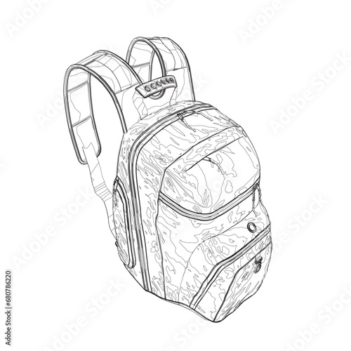 Outline of a large backpack made of black lines isolated on a white background. Isometric view. Vector illustration.