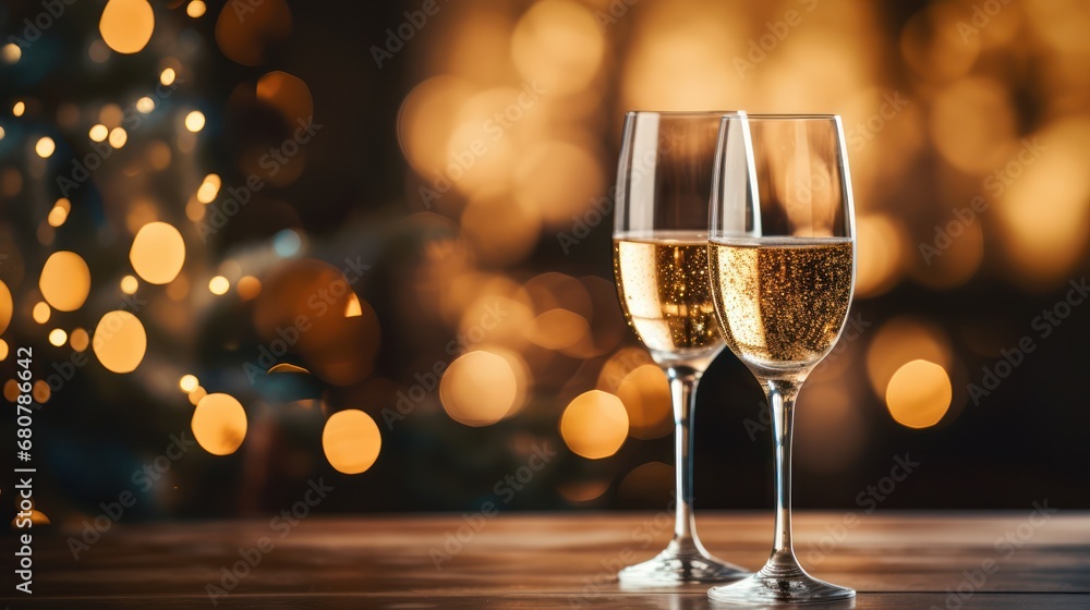 Close up image of two glasses of Champagne in front of burning candles and lights., Christmas festive winter seasonal background with glasses and copyspace Close up image of two glasses of Champagne in front of burning candles and lights., Christmas festive winter seasonal background with glasses and copyspace