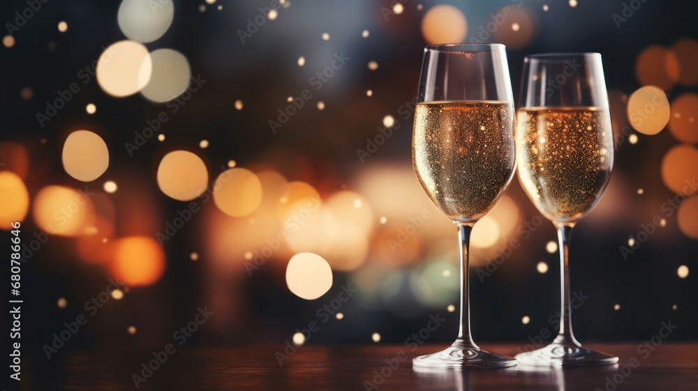 Close up image of two glasses of Champagne in front of burning candles and lights., Christmas festive winter seasonal background with glasses and copyspace Close up image of two glasses of Champagne in front of burning candles and lights., Christmas festive winter seasonal background with glasses and copyspace