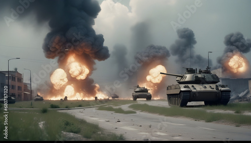 an armored tank firing during combat over a battlefield. explosions and explosives in the distance. Ash and smoke from fire everywhere. desktop background wallpaper for PC.
